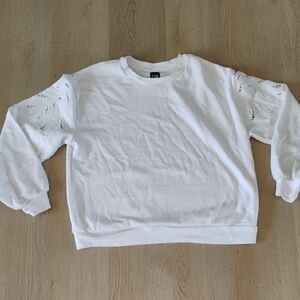 GAP White Crewneck Sweater with Lace Sleeves